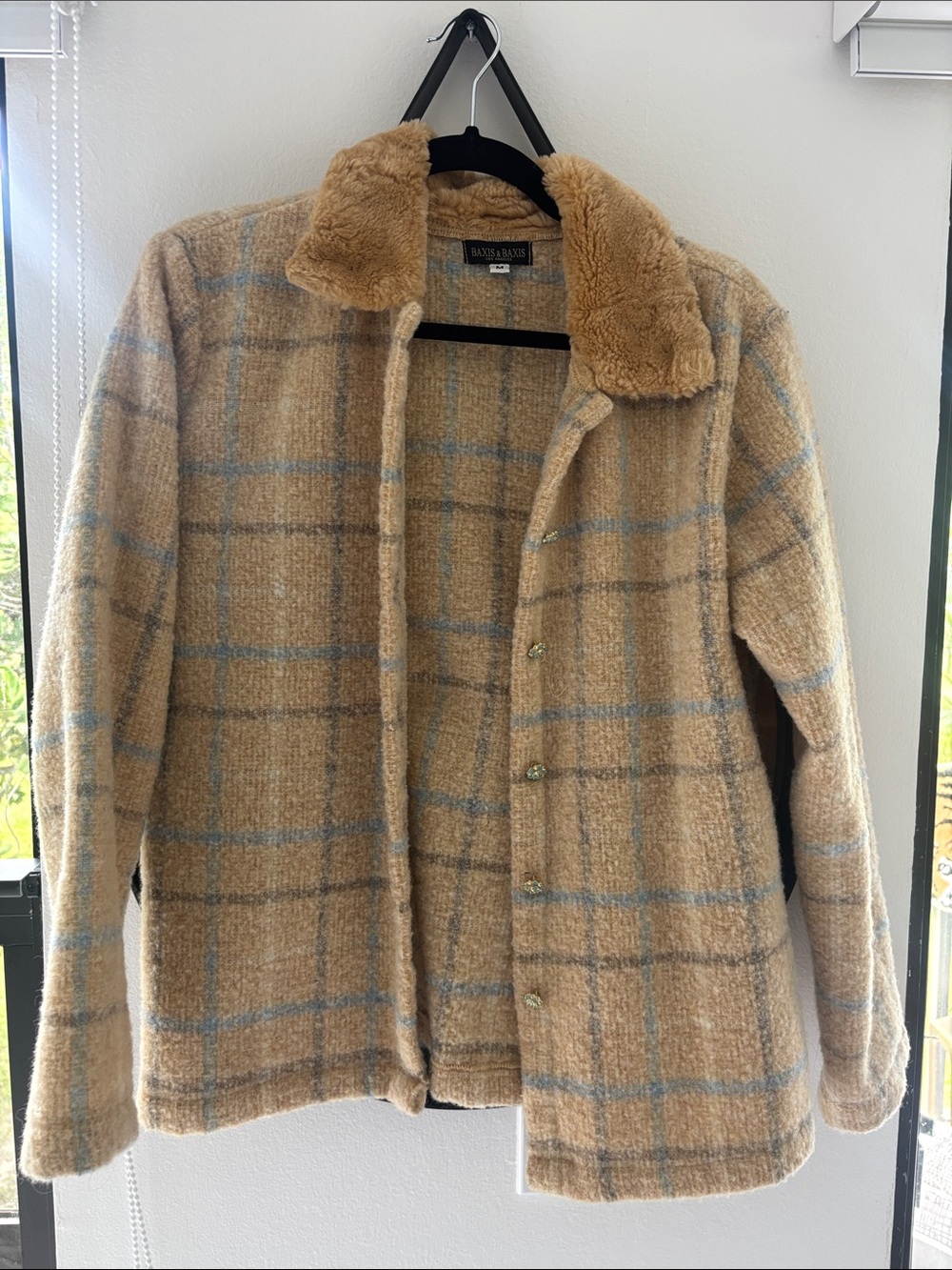 Beige Plaid Fuzzy Shacket with Blue Windowpane